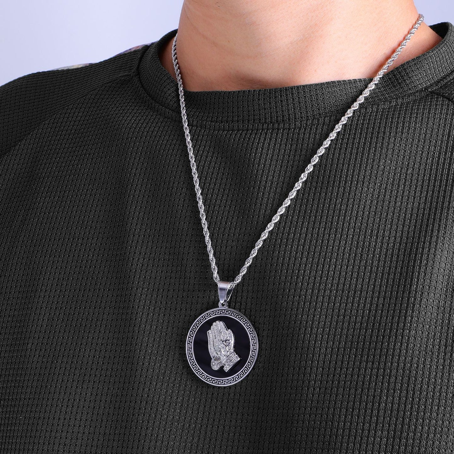 SILVER PRAYING HANDS PENDANT NECKLACE - BLACK EDITION