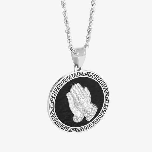 SILVER PRAYING HANDS PENDANT NECKLACE - BLACK EDITION