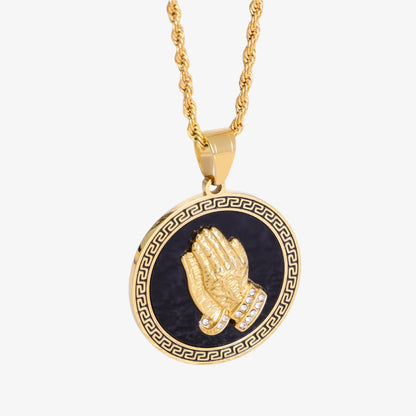 GOLD PRAYING HANDS PENDANT NECKLACE - BLACK EDITION