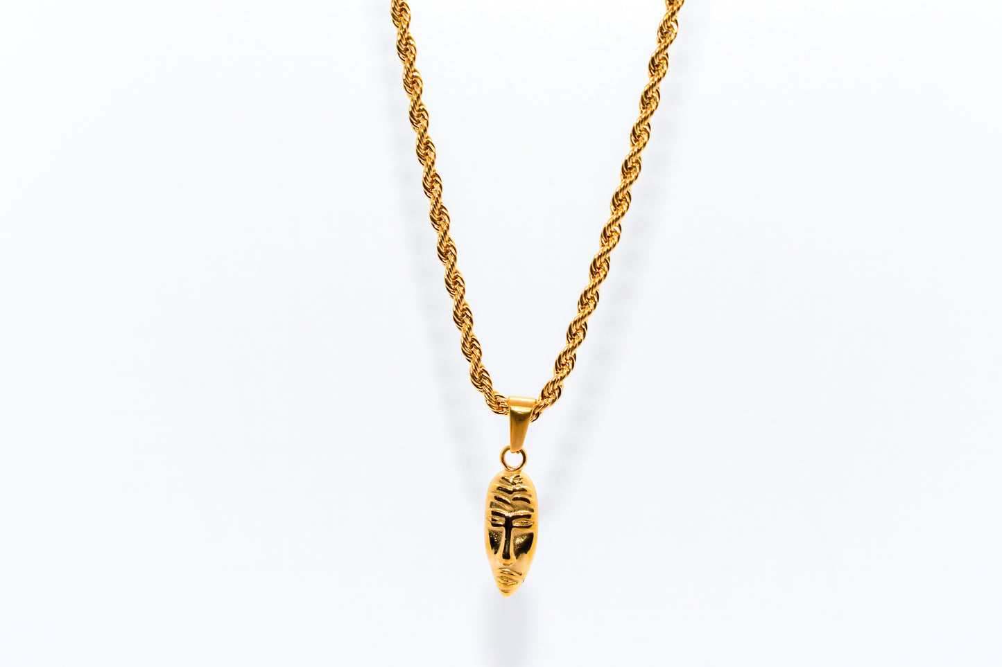 GOLD MASQUERADE PENDANT WITH ROPE CHAIN