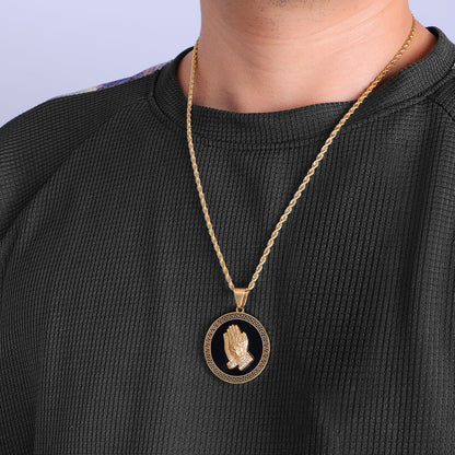 GOLD PRAYING HANDS PENDANT NECKLACE - BLACK EDITION